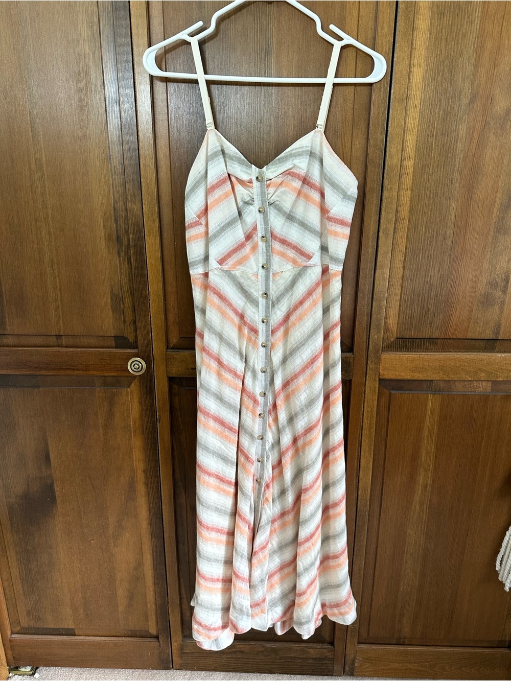 Free People Striped Button-Front Midi Sundress in Cream, Coral, and Gray